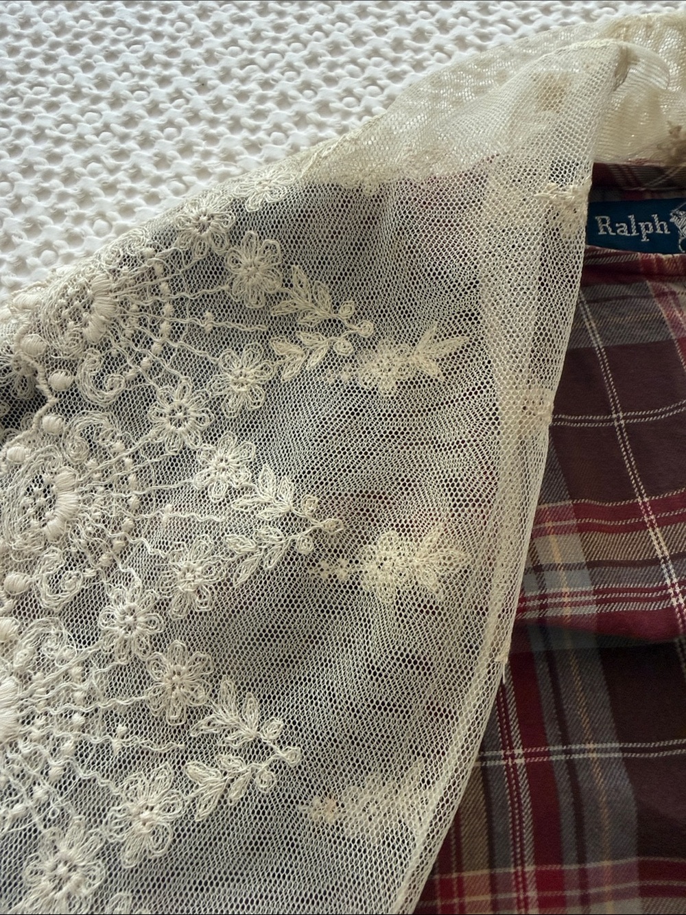 Vintage 80’s Ralph Lauren Plaid Flannel Button Front
Lace Trim Scarf Cuffs - Picture 15 of 16